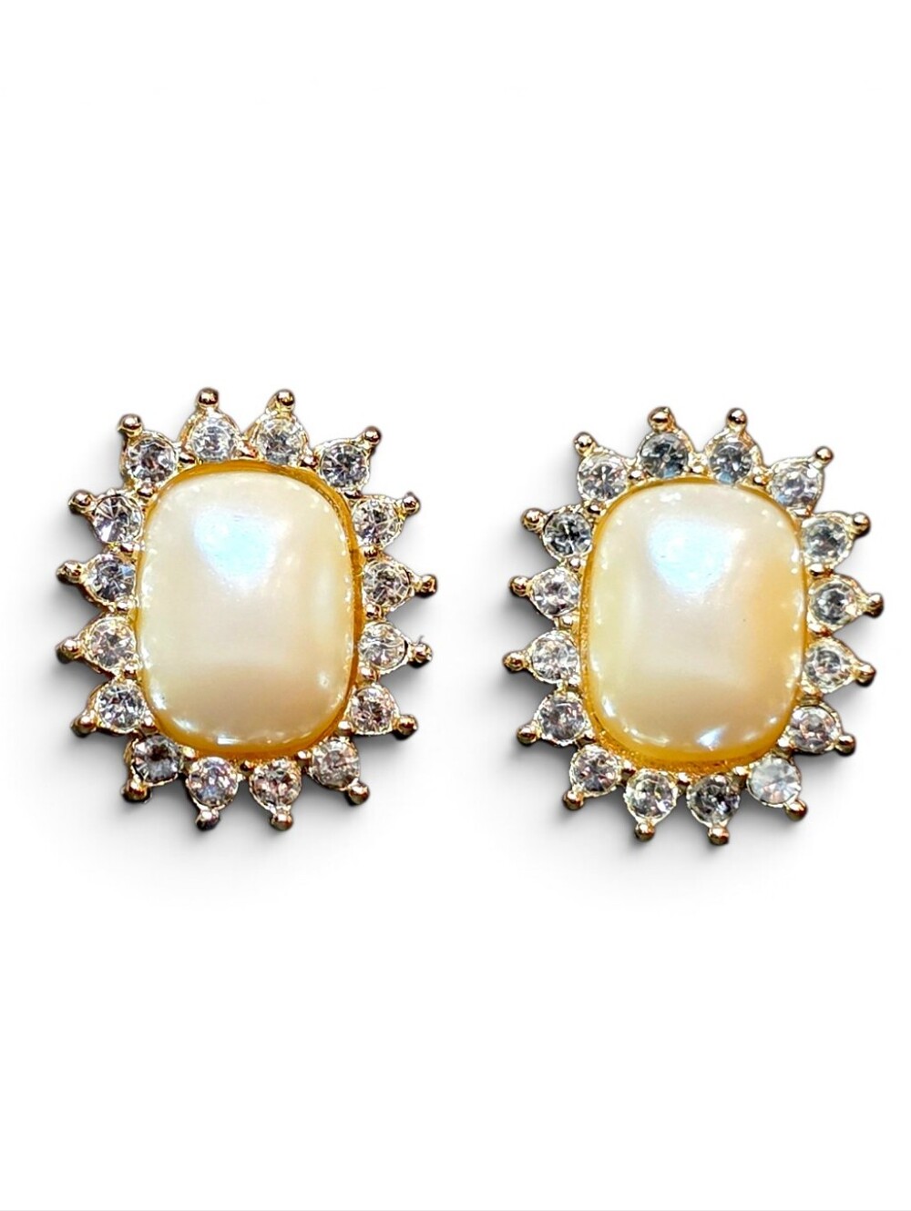 GIVENCHY Gold Faux Pearl Sunburst Earrings Clip On Vintage